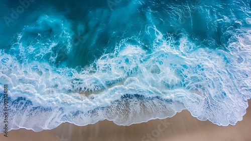 Aerial drone footage of sea ocean waves reaching shoreBeach with aerial drone Beach clear turquoise top view Beautiful beach : Generative AI photo