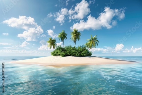 small tropical island with with sandy beach and; palm trees