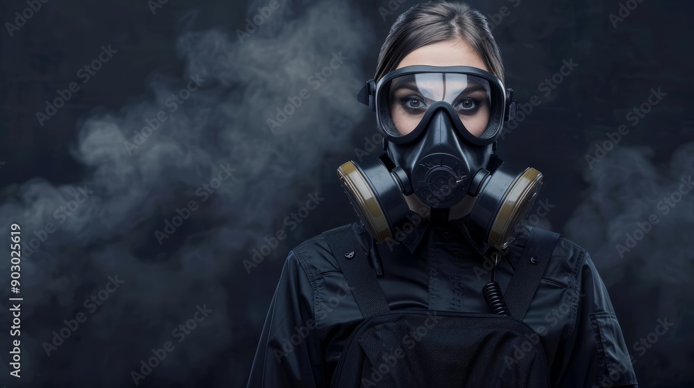 Woman equipped with a gas mask and protective gear, standing against a dark, smoky backdrop, highlighting the stark reality of germ warfare and nuclear threats Woman equipped with a gas mask and protective gear, standing against a dark, smoky backdrop, highlighting the stark reality of germ warfare and nuclear threats