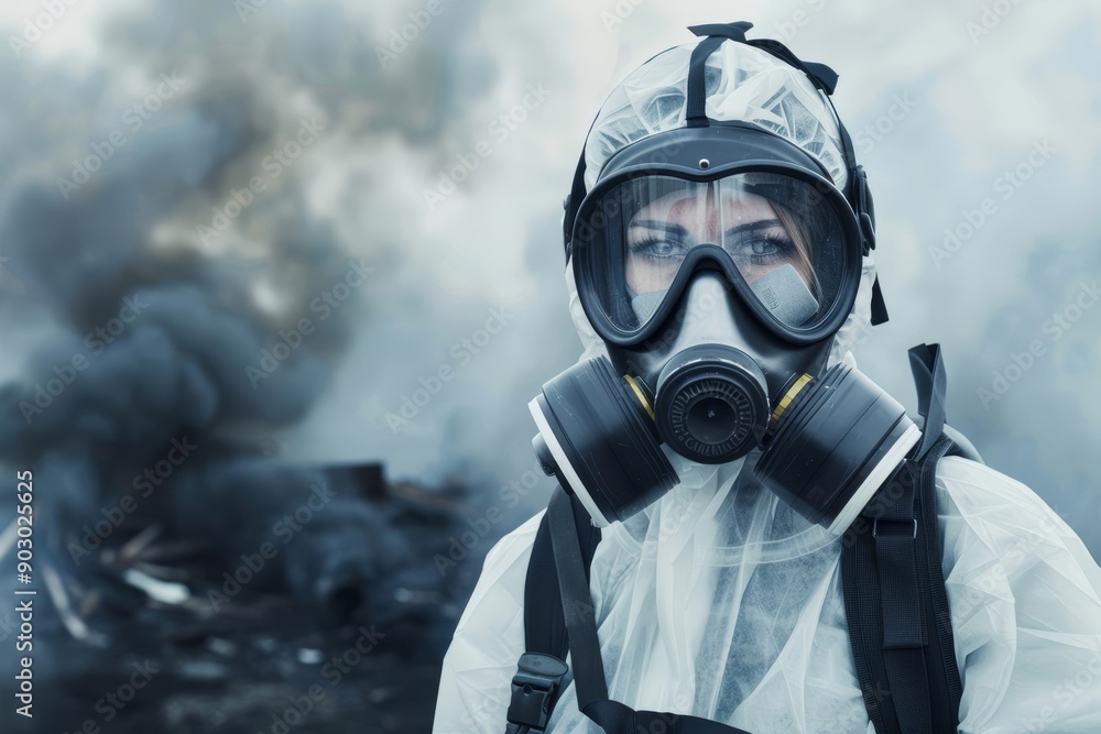 Woman in a protective suit and gas mask, amidst a background of smoke and debris, symbolizing survival in a post-apocalyptic world Woman in a protective suit and gas mask, amidst a background of smoke and debris, symbolizing survival in a post-apocalyptic world