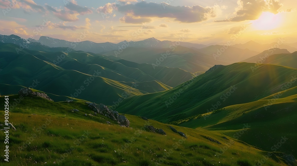 Panoramic view of the green mountains at sunset Gumbashi Pass in North Caucasus Russia Summer landscape : Generative AI Panoramic view of the green mountains at sunset Gumbashi Pass in North Caucasus Russia Summer landscape : Generative AI