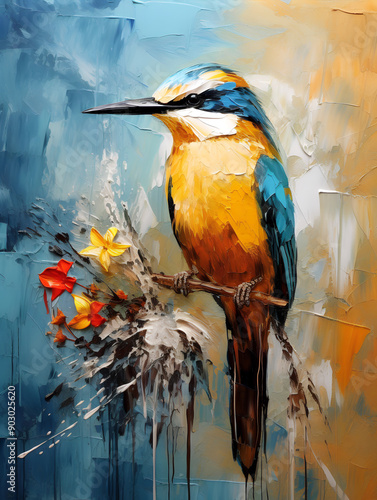 Beautiful tropical bird. Oil painting in impressionism style. photo