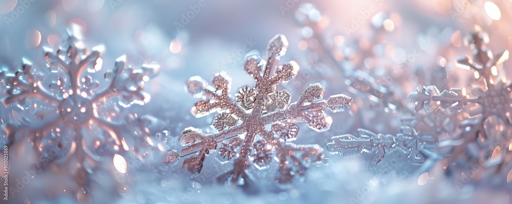 Silver christmas snowflakes decoration with sparkling lights on snow Silver christmas snowflakes decoration with sparkling lights on snow