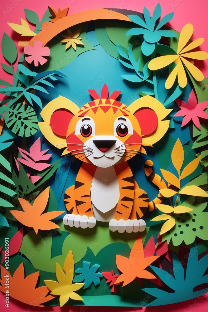 A little tiger cub in a tropical forest. Cut paper illustration. A little tiger cub in a tropical forest. Cut paper illustration.