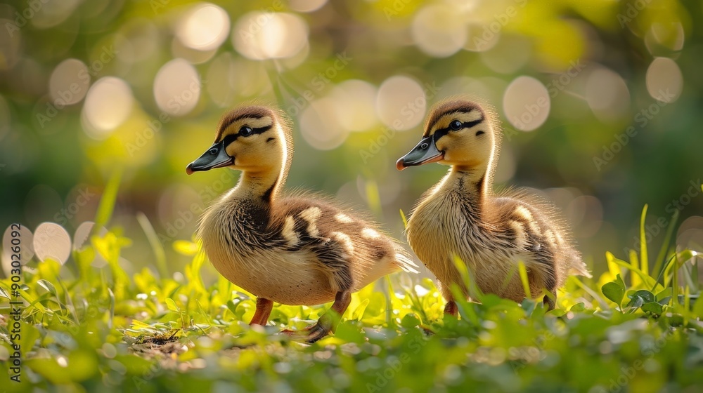 A pair of ducklings waddling through the grass, morning sunlight highlighting their feathers A pair of ducklings waddling through the grass, morning sunlight highlighting their feathers