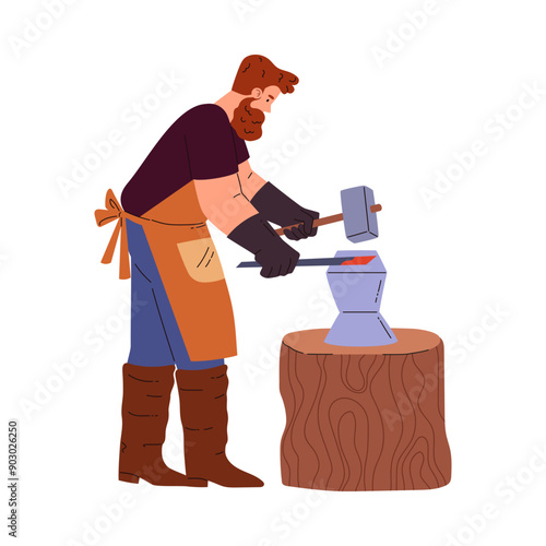 Vector illustration blacksmith who forge a hot metal part with a hammer on an anvil
