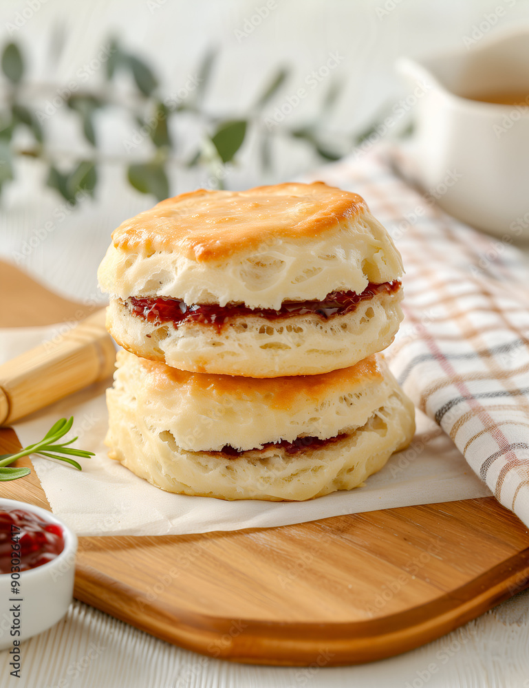 Delicious Homemade Biscuits Filled with Sweet Jam on Wooden Cutting Board with Soft Checkered Cloth Delicious Homemade Biscuits Filled with Sweet Jam on Wooden Cutting Board with Soft Checkered Cloth