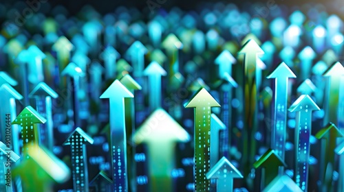 Blue and green arrows pointing up with data charts, seamless pattern