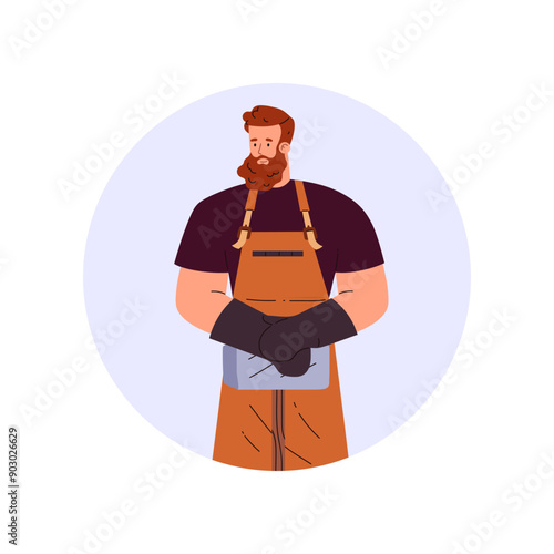 Blacksmith man, vector cartoon professional farrier worker character in leather apron gloves, medieval smith craftsman