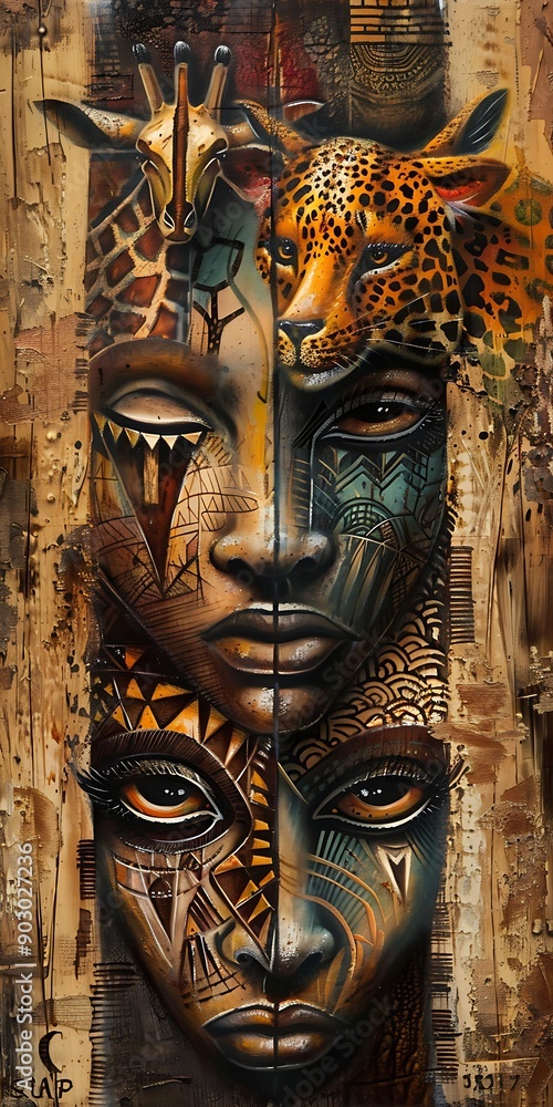 An abstract art painting of faces. The faces are all different sizes and are painted in a variety of colors. The painting has a dreamy, surreal feel to it. African artwork An abstract art painting of faces. The faces are all different sizes and are painted in a variety of colors. The painting has a dreamy, surreal feel to it. African artwork