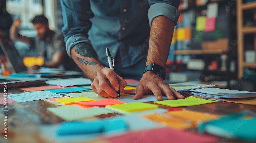 Obraz premium Collaborative Project Ideation with Colorful Sticky Notes and Digital Tools