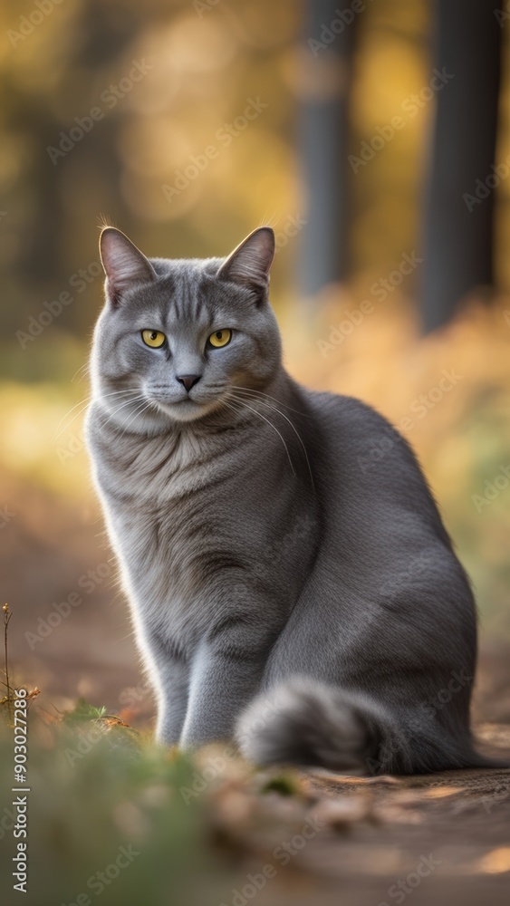 A gray tabby with yellow eyes sits on a leafy ground surrounded by autumn hues and warm light likely midday or dawn. A gray tabby with yellow eyes sits on a leafy ground surrounded by autumn hues and warm light likely midday or dawn.