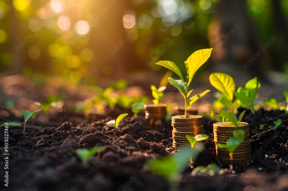 Growth and Investment: Young Plant Saplings Emerge from Stacks of Coins Growth and Investment: Young Plant Saplings Emerge from Stacks of Coins