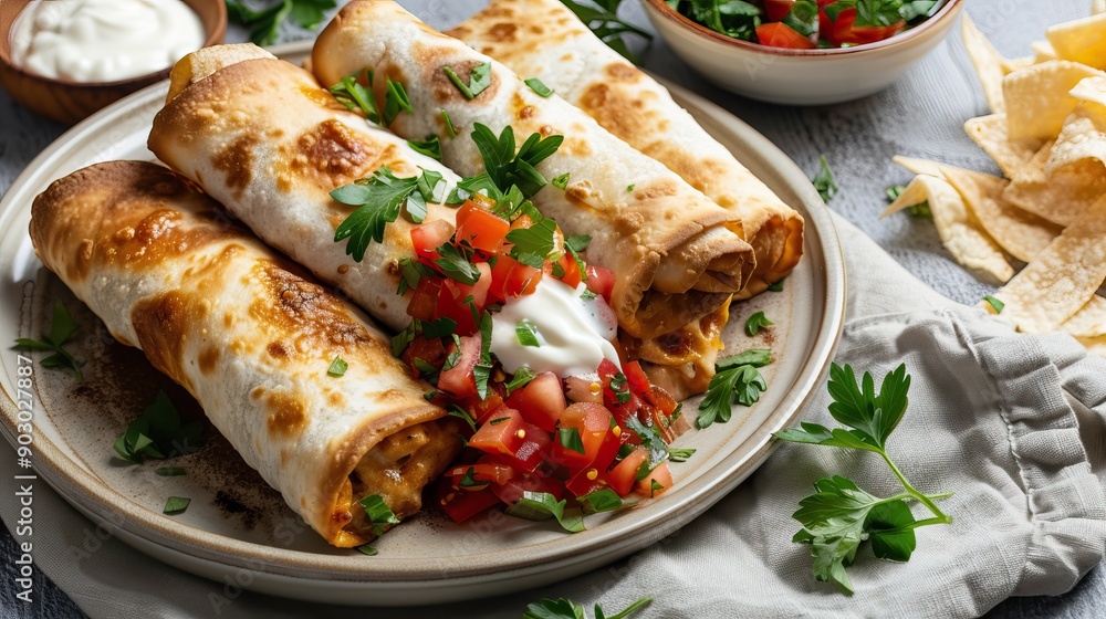 Chicken chimichangas with salsa and sour cream Chicken chimichangas with salsa and sour cream