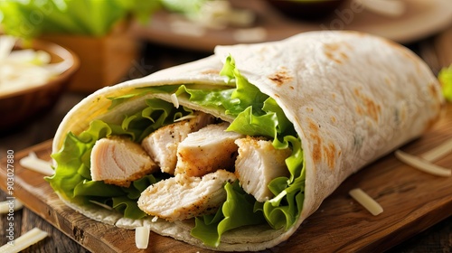Fototapeta Chicken Caesar salad wrap with Parmesan cheese