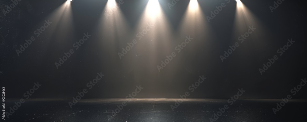 Naklejka premium Empty stage is illuminated by spotlights shining through smoke