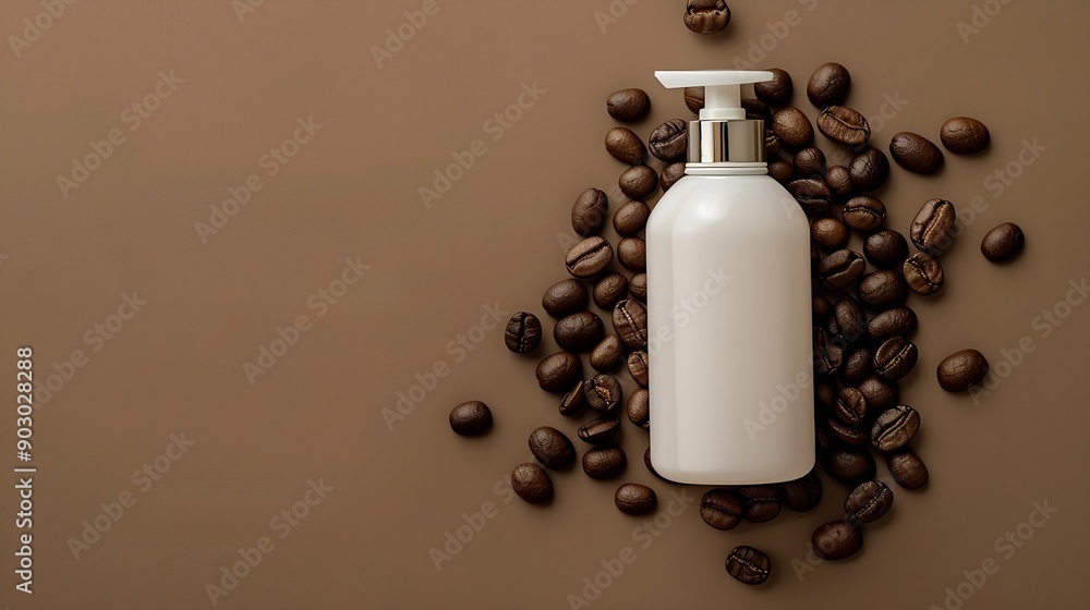 Brown roasted coffee beans decorated with white cosmetic bottle without label on brown background Minimal scene for advertising organic product for body care Top view : Generative AI Brown roasted coffee beans decorated with white cosmetic bottle without label on brown background Minimal scene for advertising organic product for body care Top view : Generative AI