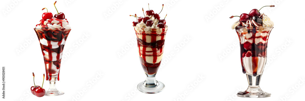 Set of Cherry Jubilee in a tall dessert glass, layered with cherries and syrup isolated on transparent background (3) Set of Cherry Jubilee in a tall dessert glass, layered with cherries and syrup isolated on transparent background (3)