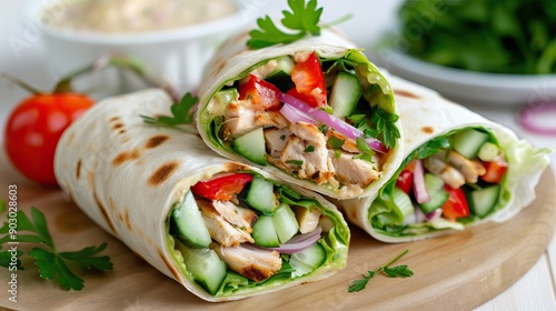 Chicken shawarma wraps with fresh vegetables and tahini