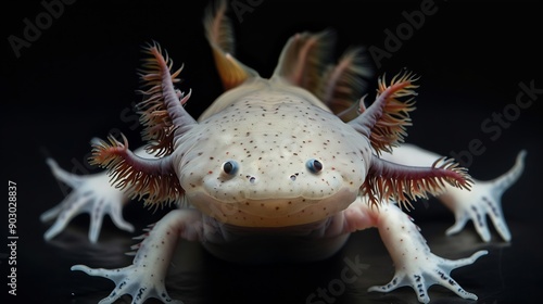 Axolotl Ambystoma mexicanum from front Salamander black background : Generative AI photo