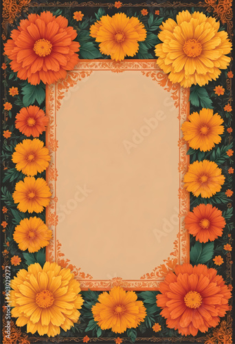an elegant framed picture of marigold flowers with an elegant decorative frame and blank space