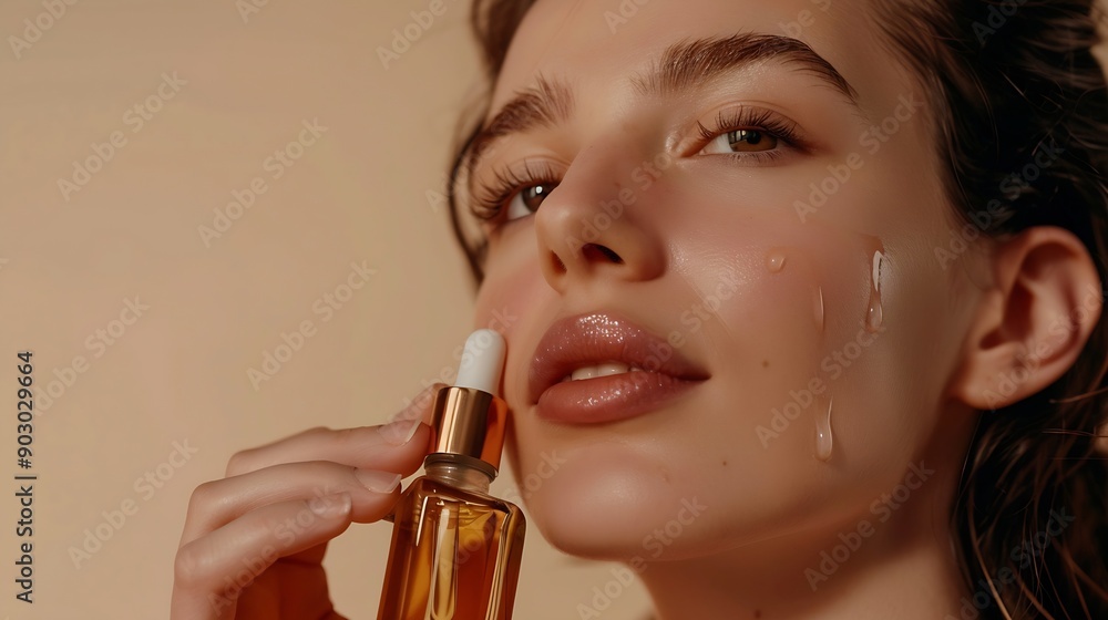 Close up of sensual beautiful brunette millennial woman using oil in her face care routine enjoying nice antiaging moisturizing beauty product isolated over beige studio background cop : Generative AI Close up of sensual beautiful brunette millennial woman using oil in her face care routine enjoying nice antiaging moisturizing beauty product isolated over beige studio background cop : Generative AI