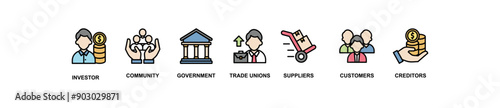 Stakeholder relationship banner web icon vector illustration concept for stakeholder, investor, government, and creditors with icon of community, trade unions, suppliers, and customers