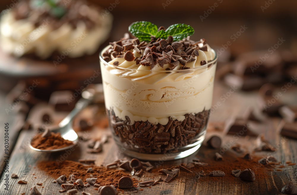 A dessert with chocolate sprinkles and a green leaf on top. The dessert is in a glass and is sitting on a wooden table A dessert with chocolate sprinkles and a green leaf on top. The dessert is in a glass and is sitting on a wooden table