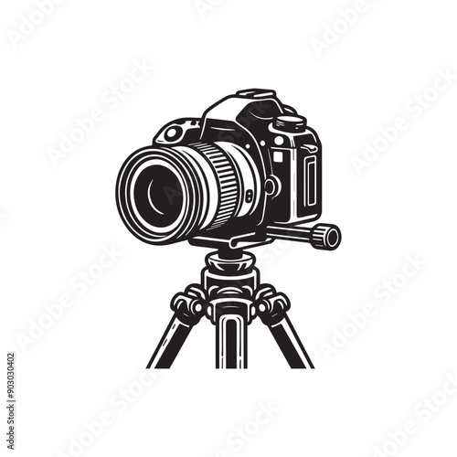 black-and-white vector illustration of a DSLR camera mounted on a tripod