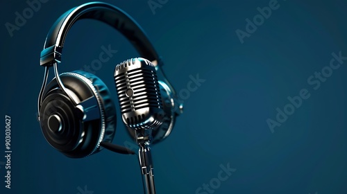 An artistic collage featuring modern headphones and a retro microphone on a blue background The concept of podcasting and creativity in music : Generative AI