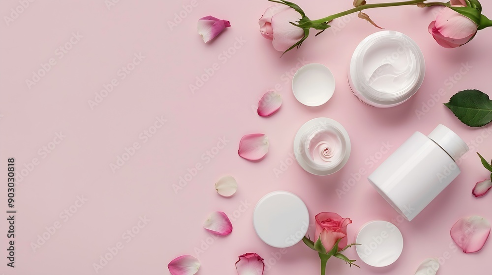 Natural beauty products for body treatment and skin care concept Flat lay white cosmetic bottles jars of moisturizer cream rose buds and petal on light pink background : Generative AI Natural beauty products for body treatment and skin care concept Flat lay white cosmetic bottles jars of moisturizer cream rose buds and petal on light pink background : Generative AI