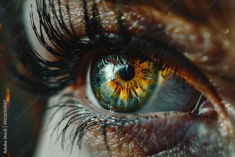 Close up of an eye with blue and orange reflections showcasing intricate details and vibrant colors in a high definition photography. Close up of an eye with blue and orange reflections showcasing intricate details and vibrant colors in a high definition photography.