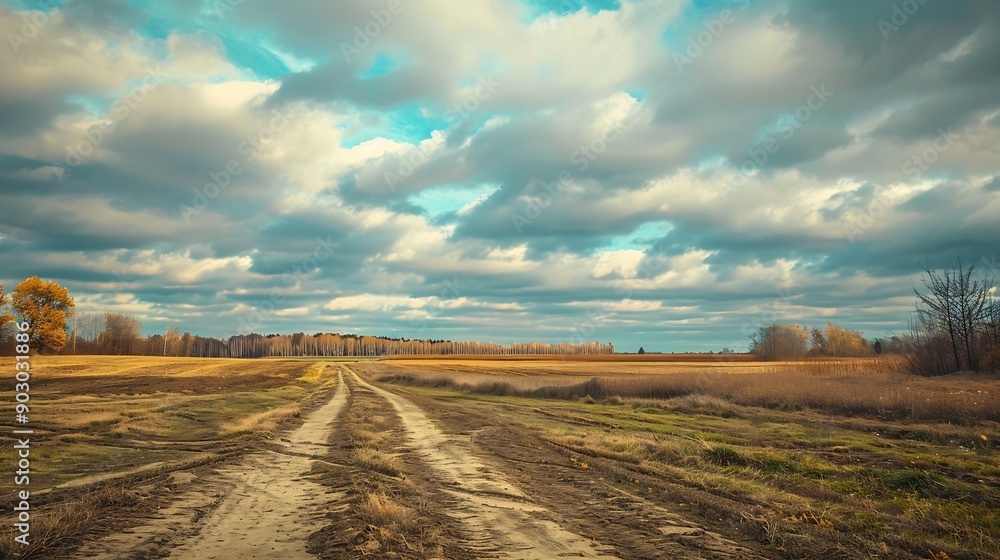 Obraz premium Autumn rural landscape in retro style Panorama of autumn field with dirt road and cloudy sky : Generative AI
