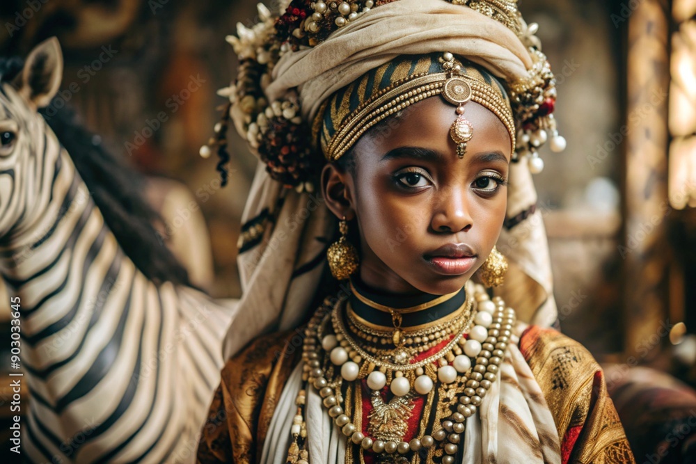 A beautiful black African girl in a traditional African national costume. Against the background of a zebra. The portrait symbolizes the traditions and beauty of the African people. A beautiful black African girl in a traditional African national costume. Against the background of a zebra. The portrait symbolizes the traditions and beauty of the African people.