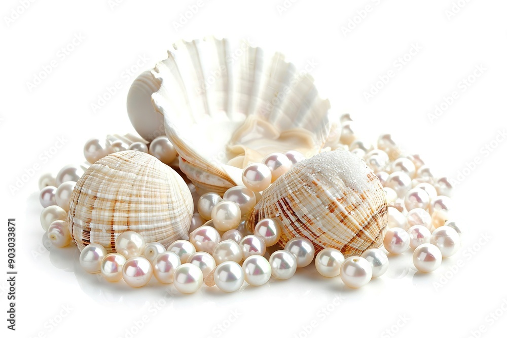 closeup sea shells and pearls isolated on white background closeup sea shells and pearls isolated on white background