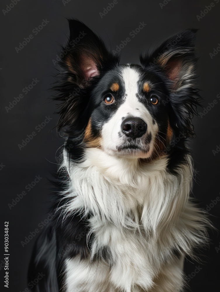 Border Collie with Fluffy Fur Against Dark Background Border Collie with Fluffy Fur Against Dark Background