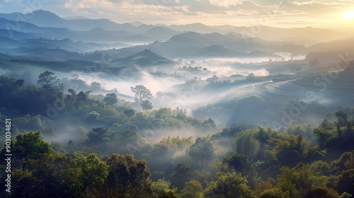 A panoramic view of rolling hills blanketed in morning mist, with the sun rising in the background. Misty Morning in the Hills © Дмитрий Лазебный