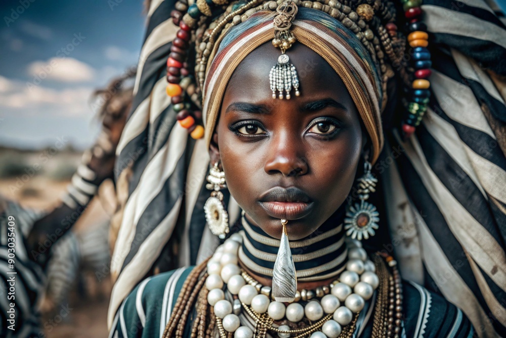 A beautiful black African girl in a traditional African national costume. Against the background of a zebra. The portrait symbolizes the traditions and beauty of the African people. A beautiful black African girl in a traditional African national costume. Against the background of a zebra. The portrait symbolizes the traditions and beauty of the African people.
