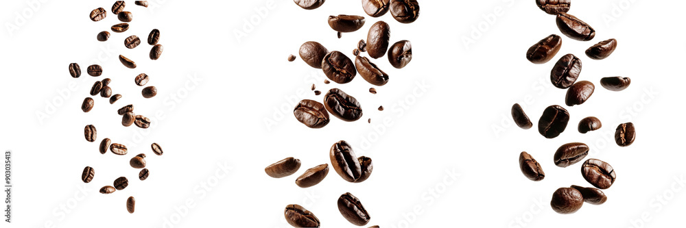 Set of coffee beans suspended in the air isolated on transparent background Set of coffee beans suspended in the air isolated on transparent background