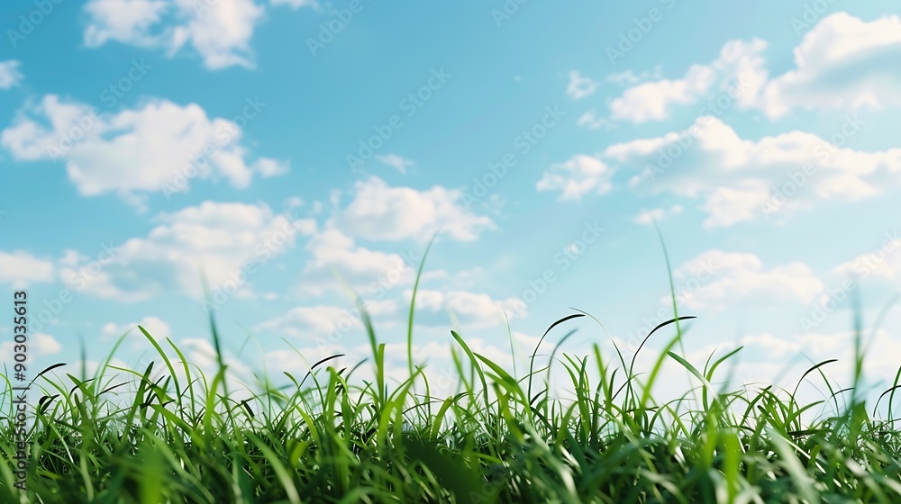 Obraz premium Landscape view of green grass field with blue skybackground : Generative AI