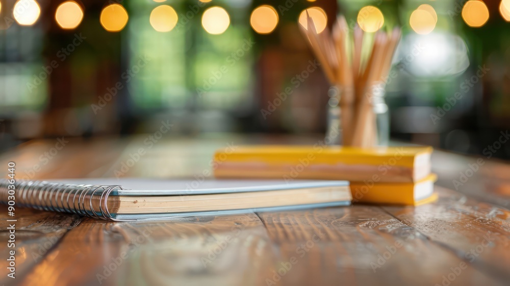 A notebook and pencils sit on a wooden table. The notebook is open to a page with a pencil on it. The scene is simple and uncluttered