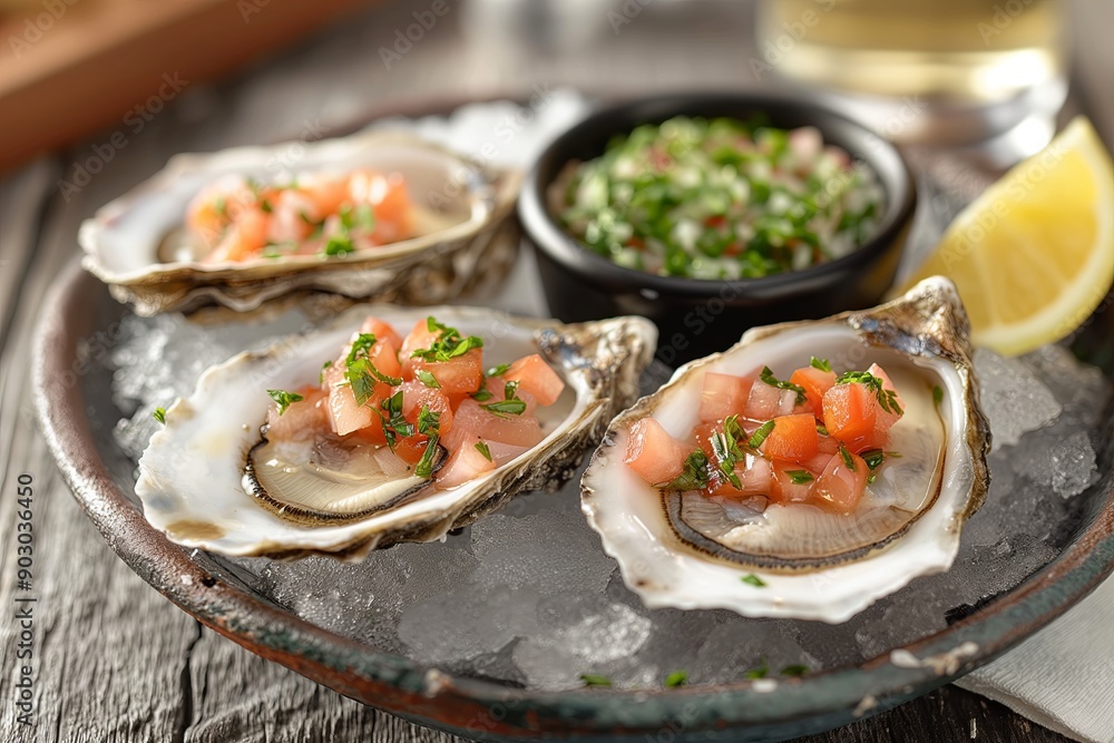 Indulge in Gourmet Oysters, beautifully prepared with Fresh Salsa and delightful Garnishes Indulge in Gourmet Oysters, beautifully prepared with Fresh Salsa and delightful Garnishes