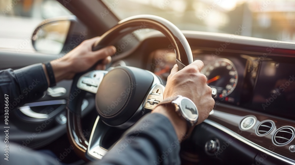 Close-up of hands gripping a steering wheel, showcasing driving experience in a luxury car during sunset. Close-up of hands gripping a steering wheel, showcasing driving experience in a luxury car during sunset.