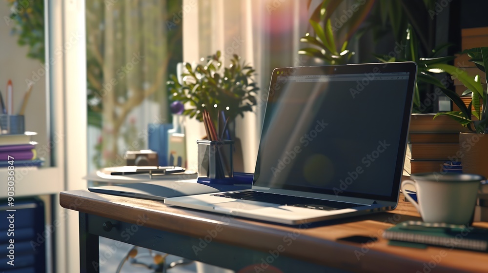 Laptop and office supplies on desk at home office : Generative AI Laptop and office supplies on desk at home office : Generative AI