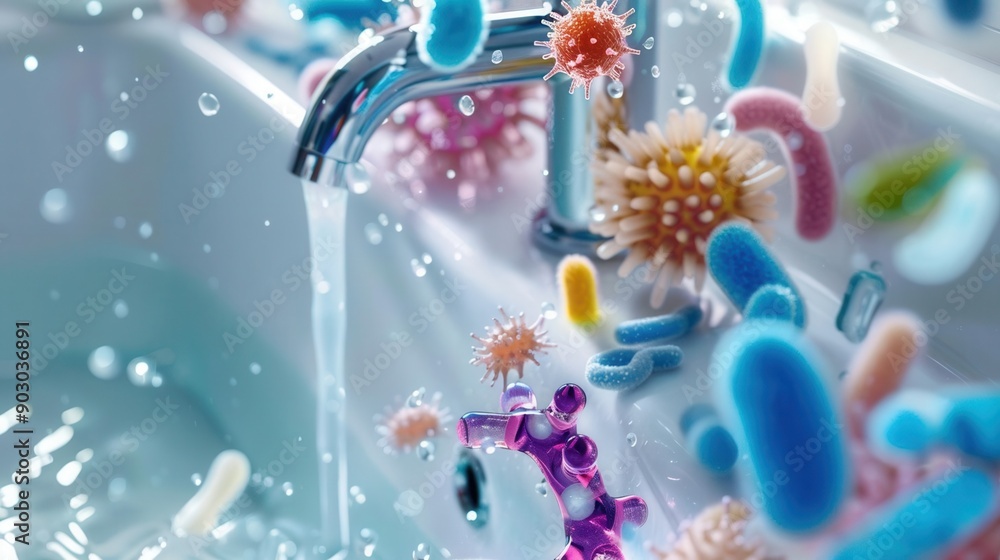 Microbes on a bathroom sink faucet, Pathogens, Hygiene awareness Microbes on a bathroom sink faucet, Pathogens, Hygiene awareness