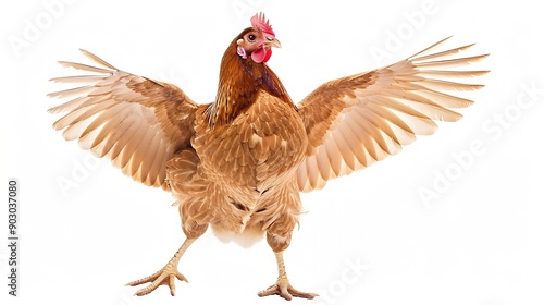 Isolated image of a brown chicken with open wings : Generative AI photo