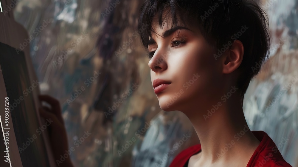 A very pretty woman with a short haircut is working hard trying to think of something to paint and add on the canvas in front of her : Generative AI A very pretty woman with a short haircut is working hard trying to think of something to paint and add on the canvas in front of her : Generative AI