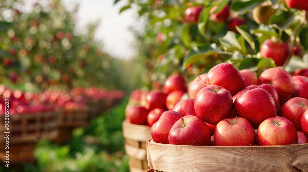 A basket full of red apples in a field. The apples are ripe and ready to be picked A basket full of red apples in a field. The apples are ripe and ready to be picked
