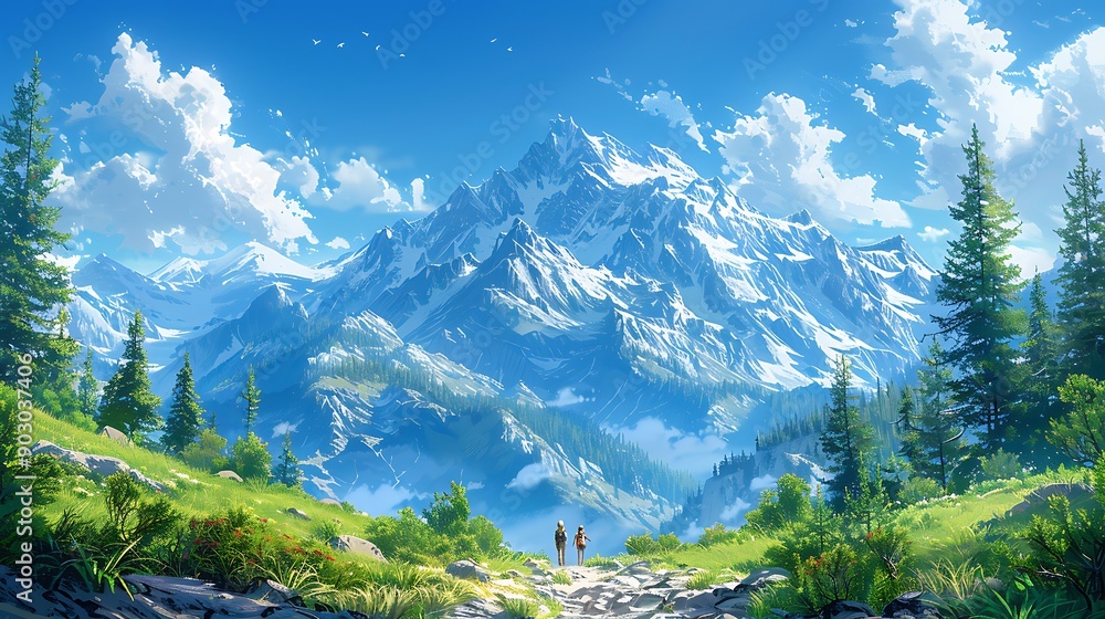 A dynamic scene of a family hiking up a rocky trail, surrounded by majestic mountains and tall pine trees, parents guiding the children, bright sunny day with clear skies, vivid colors, A dynamic scene of a family hiking up a rocky trail, surrounded by majestic mountains and tall pine trees, parents guiding the children, bright sunny day with clear skies, vivid colors,