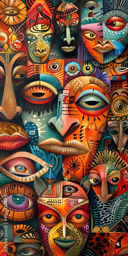 An abstract art painting of faces. The faces are all different sizes and are painted in a variety of colors. The painting has a dreamy, surreal feel to it. African artwork An abstract art painting of faces. The faces are all different sizes and are painted in a variety of colors. The painting has a dreamy, surreal feel to it. African artwork